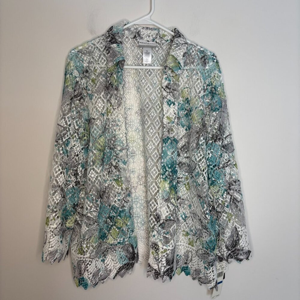 ALFRED DUNNER NEW Cardigan Womens PXL Crochet Lacey Colorful Collar Long Sleeve